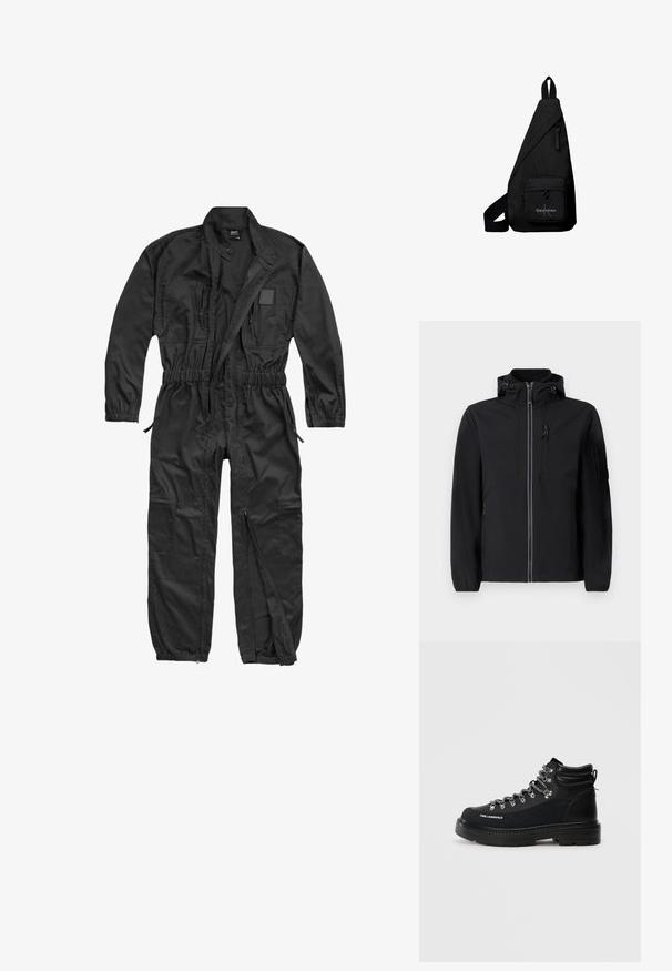Zwarte softshell jas met een hoge kraag, voorsluiting met rits, twee zijzakken en een borstzak. Voorzien van een verstelbare capuchon en elastische manchetten.; Brandit BRANDIT HERREN EINSATZKOMBI - Jumpsuit - black; Zwarte wandelschoen met een leren bovenwerk met textuur, zilveren hardware en grijze veters. Beschikt over een robuuste zool en een gevoerde enkel voor ondersteuning.; Zwarte driehoekige crossbodytas met voorvak met rits met Calvin Klein-logo en verstelbare band.