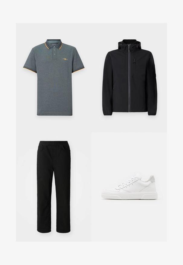 Sort softshell-jakke med høj krave, frontlynlås, to sidelommer og en brystlomme. Har justerbar hætte og elastiske manchetter.; Grå polo shirt med et tekstureret stof, der har en tre-knaps placket, lyseblå og orange kraveaccenter samt et lille logo på brystet.; Sorte bomuldsbukser med en afslappet pasform, elastisk talje, to frontlommer og lige ben. Glat tekstur uden synlige mønstre.; Hvide lædersneakers med en glat finish, rund tå, flade snørebånd og en struktureret sål. Grå ruskindsdetalje ved hælen.