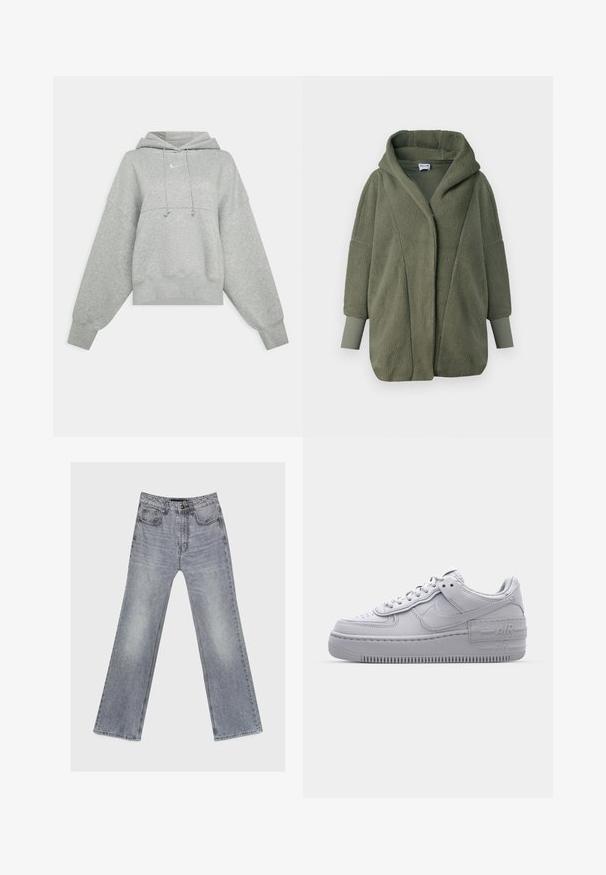 Oliivivihreä fleece-takki, jossa on suuri huppu, ylipitkä malli ja resorit hihansuissa. Ominaisuuksiin kuuluu pehmeä, teksturoitu pinta eikä napituksia.; Huppari harmaana, joka on leikattu lyhyeksi ja valmistettu pehmeästä kankaasta. Varustettu säädettävällä naruhupulla, leveillä hihoilla ja pienellä logolla etupuolella.; Vaaleanharmaat haalistuneet suorat farkut, joissa edessä ja takana taskut, nappisuljenta ja vyölenkit, asetettu tasaisesti valkoiselle taustalle.; Harmaa Nike Air Force 1 -lenkkari, jossa on reikänenä, sileä nahkapäällinen, paksu pohja ja kohokuvioitu 'AIR'-yksityiskohta kantapäässä.