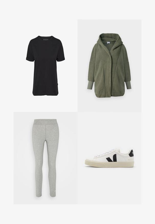 Olivengrüner Fleece-Mantel mit großer Kapuze, oversized Passform und umgeschlagenen Ärmeln. Verfügt über eine weiche, strukturierte Oberfläche und hat keine Verschlüsse.; Schwarzes Baumwoll-T-Shirt mit kurzen Ärmeln, rundem Halsausschnitt und aufgerollten Bündchen; mit einem dezenten Markenlabel am seitlichen Saum.; Graue Leggings aus weichem Stoff, mit hohem Bund und einer engen Passform. Enthält ein kleines weißes Logo in der Nähe des Knöchels.; Weißes Leder-Sneaker mit schwarzem Gummi-V-Logo. Strukturierte cremefarbene Sohle, weiße Schnürsenkel und Fersendetail in Schwarz mit dem Markennamen.