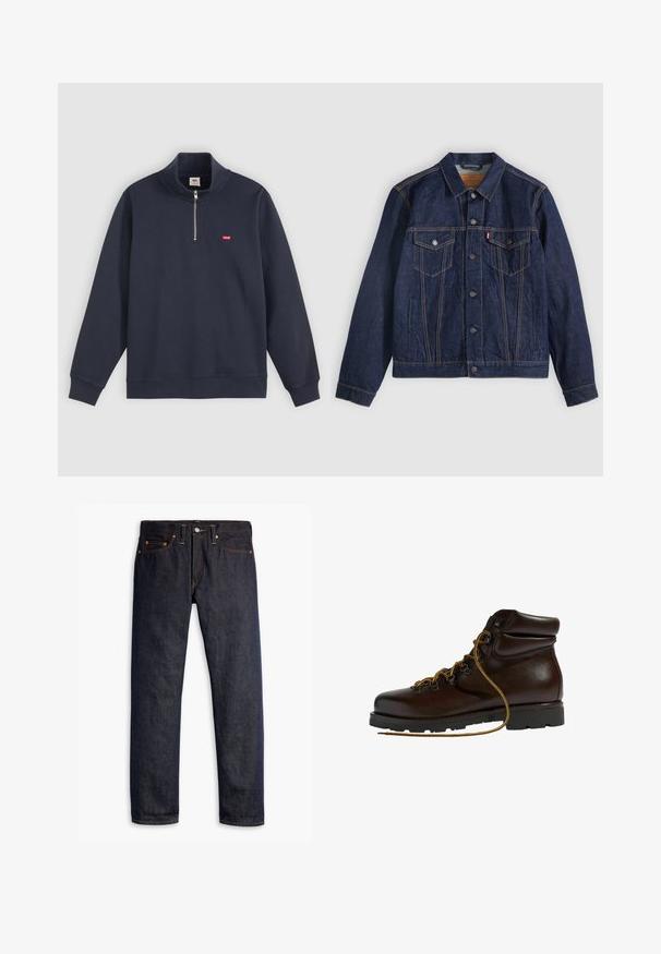 Dunkelblaue Jeansjacke mit Kragen, Knopfleiste, zwei Brusttaschen und Seitentaschen. Kontrastnähte und ein Logoschild auf der linken Tasche.; Marineblauer Pullover aus Baumwoll-Mix, mit hohem Kragen, halben Reißverschluss und kleinem roten Logo auf der linken Brust.; Dunkelblaue Jeans aus Denim mit geradem Schnitt, fünf Taschen-Design, kupfernen Nieten, gelben Nähten und einem ausgeprägten strukturierten Stoff.; Brauner Leder-Wanderschuh mit abgerundetem Zeh, strukturierten Oberflächen, gelben Schnürsenkeln und Metallösen. Enthält eine robuste schwarze Gummisohle.