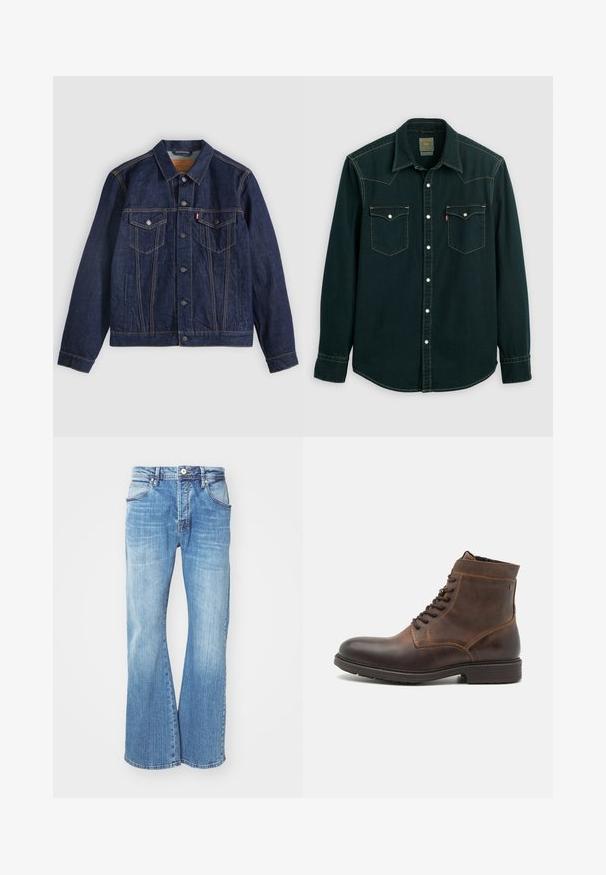 Veste en denim bleu foncé avec col, boutons sur le devant, deux poches poitrine et poches latérales. Couture contrastée et logo en forme d'onglet sur la poche gauche.; Chemise boutonnée vert foncé en denim, dotée de deux poches poitrine avec des boutons-pression, de surpiqûres jaunes contrastantes et d'un col classique.; Jean en denim bleu clair avec un design évasé, comportant un style classique à cinq poches, une fermeture éclair et des coutures contrastantes le long des coutures.; Jack & Jones JFWDELANEY BOOT - Bottines à lacets - cognac