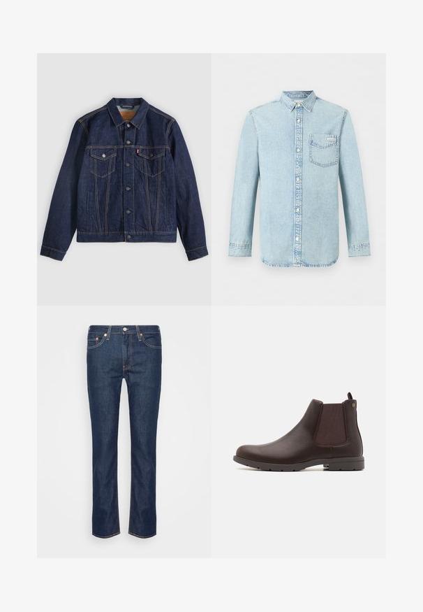 Mørkeblå denimjakke med krave, knaplukning foran, to brystlommer og sidelommer. Kontrastsyninger og fanebladslogo på venstre lomme.; Lyseblå denim-skjorte med lange ærmer, knaplukning foran, enkelt brystlomme med Calvin Klein-logo og spids krave.; Mørkeblå lige ben denim jeans med orange søm, fem lommer og en frontknap samt lynlås.; Jack & Jones JFWFENCHURCH CHELSEA BOOT - Støvletter - brown stone