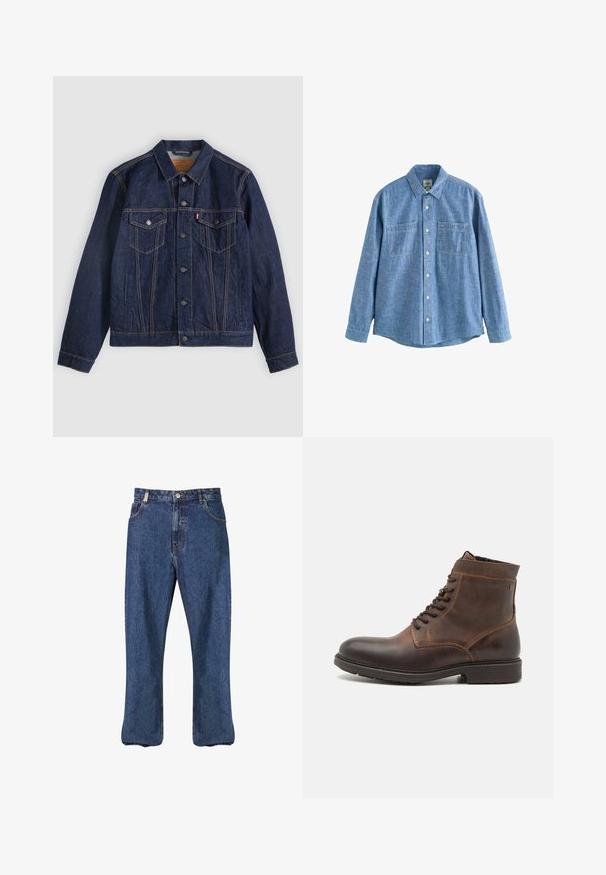 Dunkelblaue Jeansjacke mit Kragen, Knopfleiste, zwei Brusttaschen und Seitentaschen. Kontrastnähte und ein Logoschild auf der linken Tasche.; Langärmliges blaues Chambray-Hemd mit Knopfleiste und zwei Brusttaschen, flach auf weißem Hintergrund liegend.; Dunkelblaue Denim-Jeans im geraden Schnitt, klassischem Fünf-Taschen-Stil und sichtbaren Nähten entlang der Nähte.; Jack & Jones JFWDELANEY BOOT - Schnürstiefelette - cognac