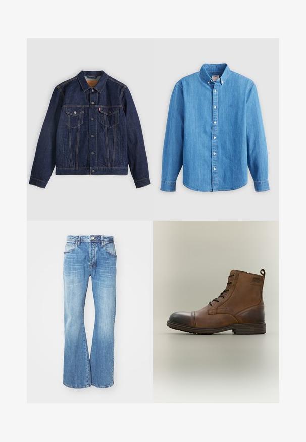 Dunkelblaue Jeansjacke mit Kragen, Knopfleiste, zwei Brusttaschen und Seitentaschen. Kontrastnähte und ein Logoschild auf der linken Tasche.; Hellblaues Jeanshemd mit langen Ärmeln, button-down Kragen und weißen Knöpfen. Verfügt über ein kleines besticktes Logo auf der Brust.; Helleblaue Denim-Jeans mit einem ausgestellten Design, das einen klassischen Fünf-Taschen-Stil, einen Reißverschluss und kontrastierende Nähte entlang der Nähte aufweist.; Brauner Leder-Schnürstiefel bis zum Knöchel mit schwarzer Zehenkappe, runder Sohle und Markenlabel an der Seite vor schlichtem Hintergrund.