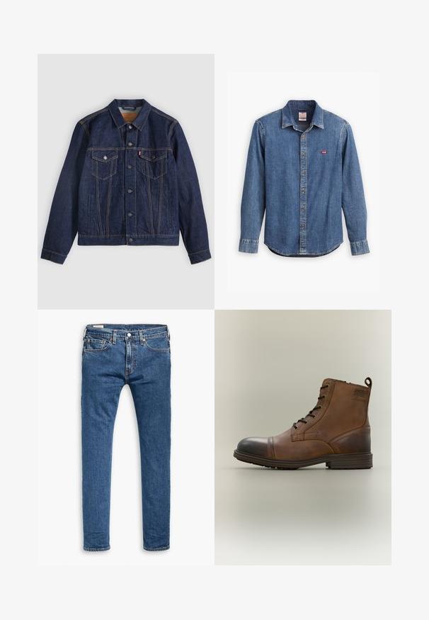 Donkerblauwe spijkerjack met kraag, knoopsluiting aan de voorkant, twee borstzakken en zijzakken. Contrasterende stiksels en logo-tab op de linkerzak.; Donkerblauw denim shirt met een button-down kraag, lange mouwen, gestikte accenten en een klein rood logo op de borstzak.; Blauwe slim-fit denim jeans met vijf zakken, een knoop aan de voorkant en riemlussen, plat weergegeven op een witte achtergrond.; Bruine leren enkellaars met veters, zwarte neuskap, ronde zool en merkdetail aan de zijkant tegen een effen achtergrond.