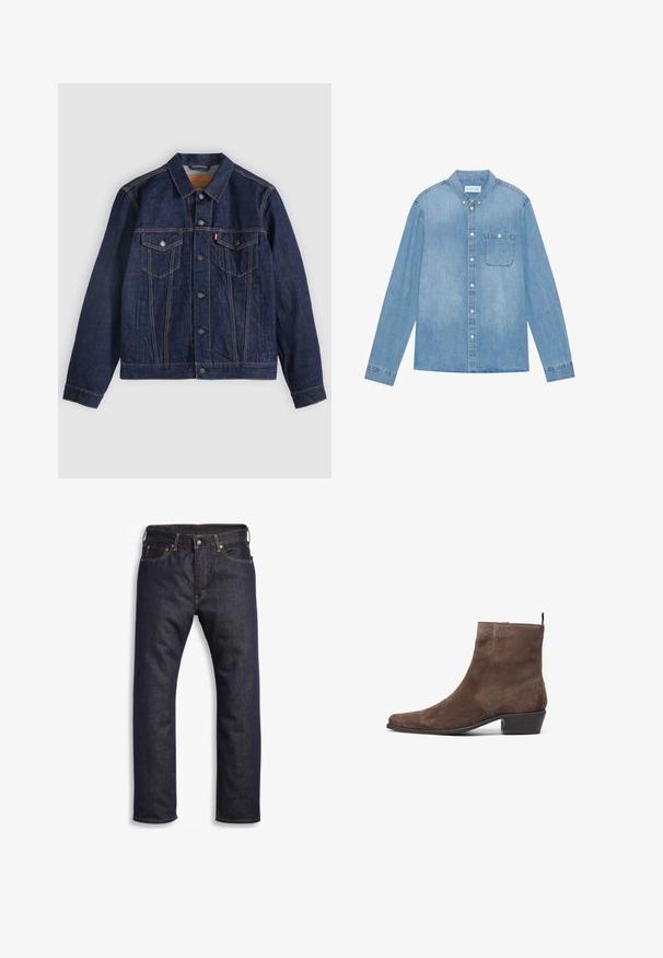 Mørkeblå denimjakke med krave, knaplukning foran, to brystlommer og sidelommer. Kontrastsyninger og fanebladslogo på venstre lomme.; Lys blå denim skjorte med knapper, lange ærmer, spids krave, en enkelt brystlomme og subtil falmning på stoffet.; Mørkeblå denimjeans med lige snit, fem-lomme design, metalbeslag og kontrasterende orange syninger. Glat tekstur, ingen synlige mønstre.; Brune suede ankelstøvle med spidse tå, lav blok hæl og en løkke bagpå for nem påklædning. Glat tekstur og enkelt design.