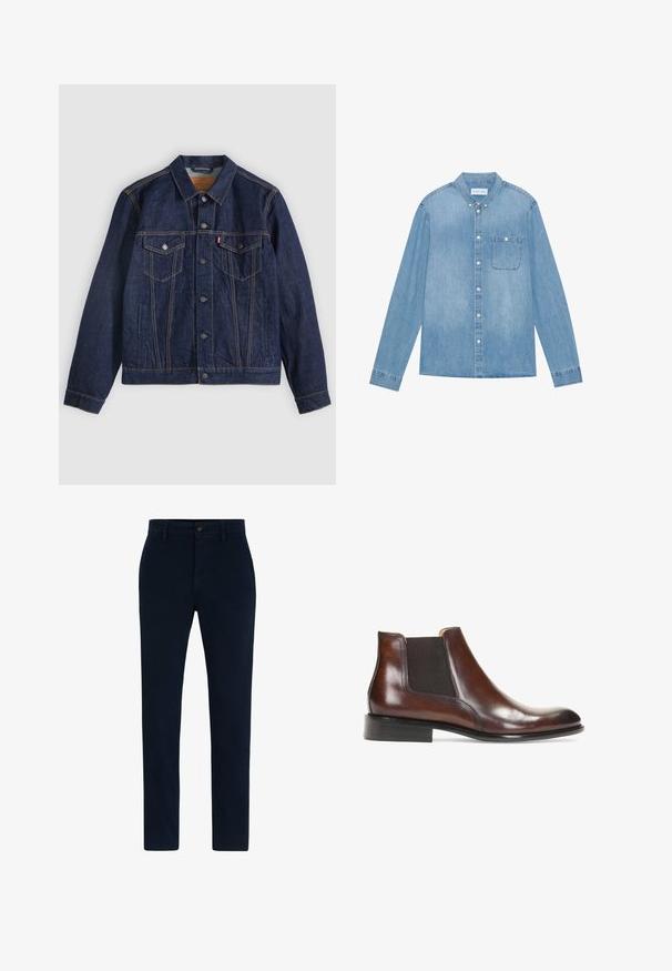 Chaqueta de mezclilla azul oscuro con cuello, botones en la parte delantera, dos bolsillos en el pecho y bolsillos laterales. Costuras en contraste y etiqueta con logotipo en el bolsillo izquierdo.; Camisa de mezclilla azul claro, con botones, mangas largas, collar puntiagudo, un bolsillo en el pecho y un ligero desgaste en la tela.; Chinos azul marino hechos de una tela suave y duradera. Presentan un cierre de botón, lazos para cinturón y un diseño de pierna recta. Sin patrones visibles.; Botín de cuero marrón hasta el tobillo con paneles laterales elásticos, un acabado suave, detalles de costura y un tacón rectangular bajo.