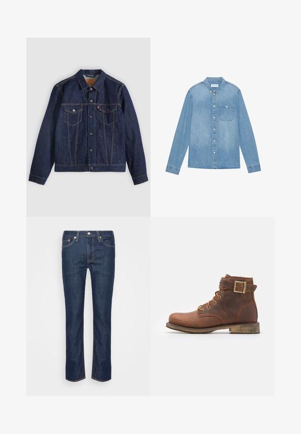 Mørkeblå denimjakke med krave, knaplukning foran, to brystlommer og sidelommer. Kontrastsyninger og fanebladslogo på venstre lomme.; Lys blå denim skjorte med knapper, lange ærmer, spids krave, en enkelt brystlomme og subtil falmning på stoffet.; Mørkeblå lige ben denim jeans med orange søm, fem lommer og en frontknap samt lynlås.; Harley Davidson VNTGMOTO SHORT RIDING APPROVED - Cowboy- / bikerstøvlette - brown