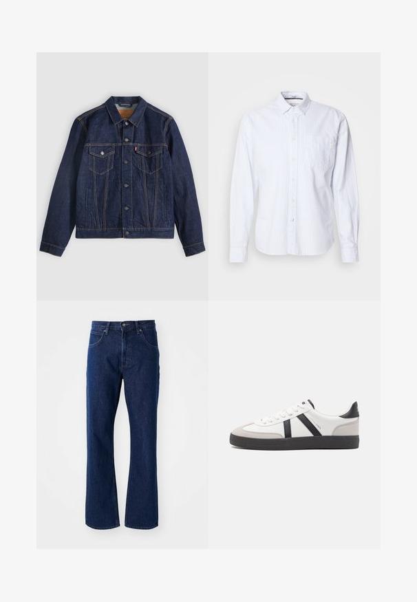 Veste en denim bleu foncé avec col, boutons sur le devant, deux poches poitrine et poches latérales. Couture contrastée et logo en forme d'onglet sur la poche gauche.; Une chemise blanche à manches longues avec des rayures verticales bleu clair. Design à boutons avec une seule poche poitrine et une petite étiquette de marque sur la poche.; Jeans en denim droite bleu marine avec fermeture par bouton et fermeture éclair, passants de ceinture et poches avant, sur un fond uni.; Baskets blanches avec des accents noirs et gris, présentant un embout texturé gris, une semelle en caoutchouc noir et des lacets plats blancs. Design épuré, style minimaliste.