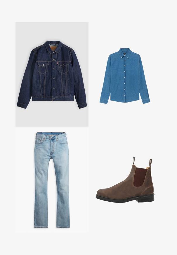 Donkerblauwe spijkerjack met kraag, knoopsluiting aan de voorkant, twee borstzakken en zijzakken. Contrasterende stiksels en logo-tab op de linkerzak.; Blauwe denim shirt met een button-down kraag, lange mouwen en knopen aan de voorkant. De stof heeft een gestructureerde afwerking met een klassieke snit.; Lichtblauwe denim jeans, rechte pijpen, met vijf zakken, contrasterende stiksels en een knoopsluiting bij de tailleband.; Bruine leren enkellaars met elastische zijpanelen, ronde neus en zwarte rubberen zool. Subtiele textuur en stiksels.