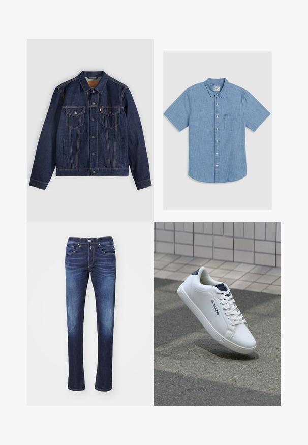Dunkelblaue Jeansjacke mit Kragen, Knopfleiste, zwei Brusttaschen und Seitentaschen. Kontrastnähte und ein Logoschild auf der linken Tasche.; Kurzarm-Jeanshemd in hellblau, mit einer Brusttasche, Kragen und einem leicht abgerundeten Saum.; Dunkelblaue Jeans aus Denim mit geradem Schnitt, ausgestattet mit fünf Taschen, einem Knopfverschluss und sanften Verwaschungen entlang der Oberschenkel.; Weißes Leder Sneaker mit niedrigem Schnitt, strukturiertem Obermaterial, einem navyblauen Heel-Akzent und einer flachen Gummisohle mit einem Profilmuster.