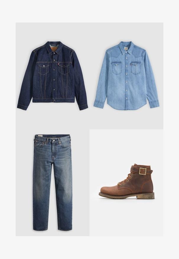 Donkerblauwe spijkerjack met kraag, knoopsluiting aan de voorkant, twee borstzakken en zijzakken. Contrasterende stiksels en logo-tab op de linkerzak.; Lichtblauw denim overhemd met lange mouwen, puntkraag, twee borstzakken met kleppen en witte drukknoopjes aan de voorkant.; Donkerblauwe spijkerbroek van denim met een losse pasvorm, rechte pijpen, vijf steekzakken en subtiele vervaging op de dijen. Zilveren knoop en klinknagels.; Harley Davidson VNTGMOTO SHORT RIDING APPROVED - Cowboy-/Bikerlaarsjes - brown