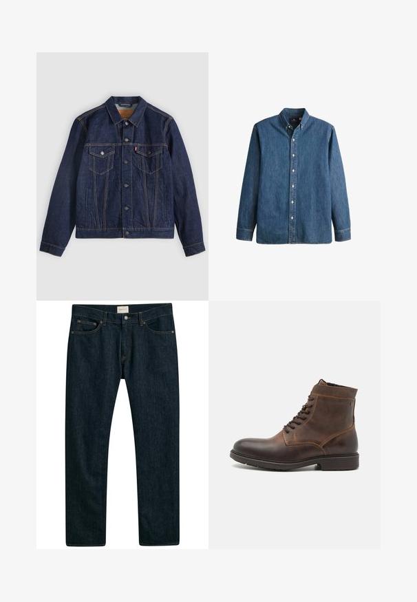 Donkerblauwe spijkerjack met kraag, knoopsluiting aan de voorkant, twee borstzakken en zijzakken. Contrasterende stiksels en logo-tab op de linkerzak.; Denim overhemd met knopen in middelblauwe kleur, met lange mouwen, een puntkraag, witte knopen en een getailleerde pasvorm met subtiele geborduurde logo.; Donkerblauwe denim jeans met een recht model, vijf zakken en contrasterende stiksels op de naden. Gladde stofstructuur.; Jack & Jones JFWDELANEY BOOT - Veterboots - cognac