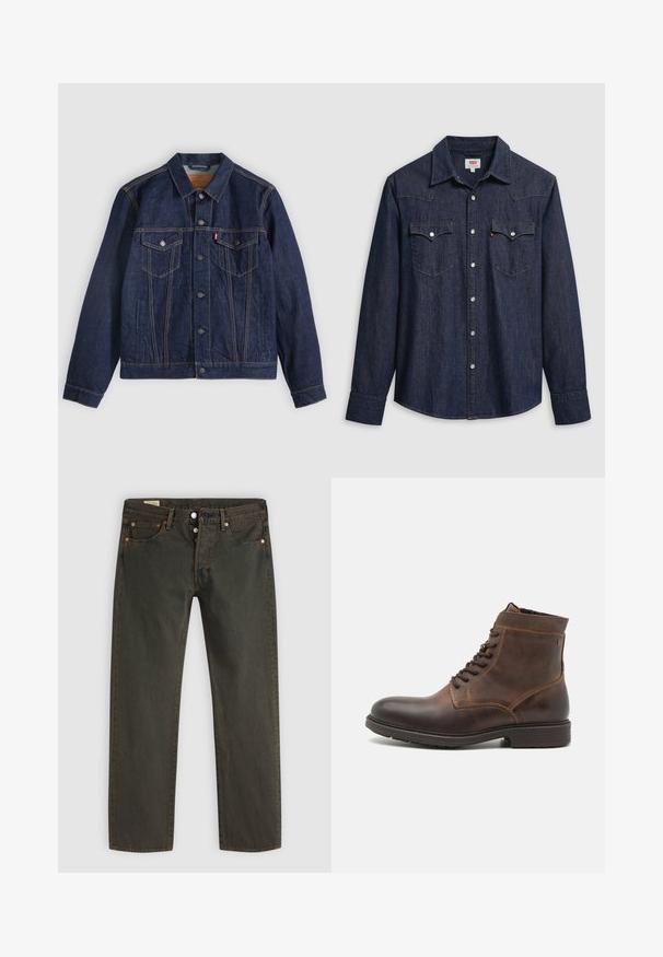 Veste en denim bleu foncé avec col, boutons sur le devant, deux poches poitrine et poches latérales. Couture contrastée et logo en forme d'onglet sur la poche gauche.; Chemise en denim bleu foncé avec col pointu, boutons-pression et poches poitrine. Comprend des détails de couture et des manches longues.; Jean en denim vert foncé, avec une coupe droite, cinq poches, des éléments en métal cuivre et un léger délavage.; Jack & Jones JFWDELANEY BOOT - Bottines à lacets - cognac