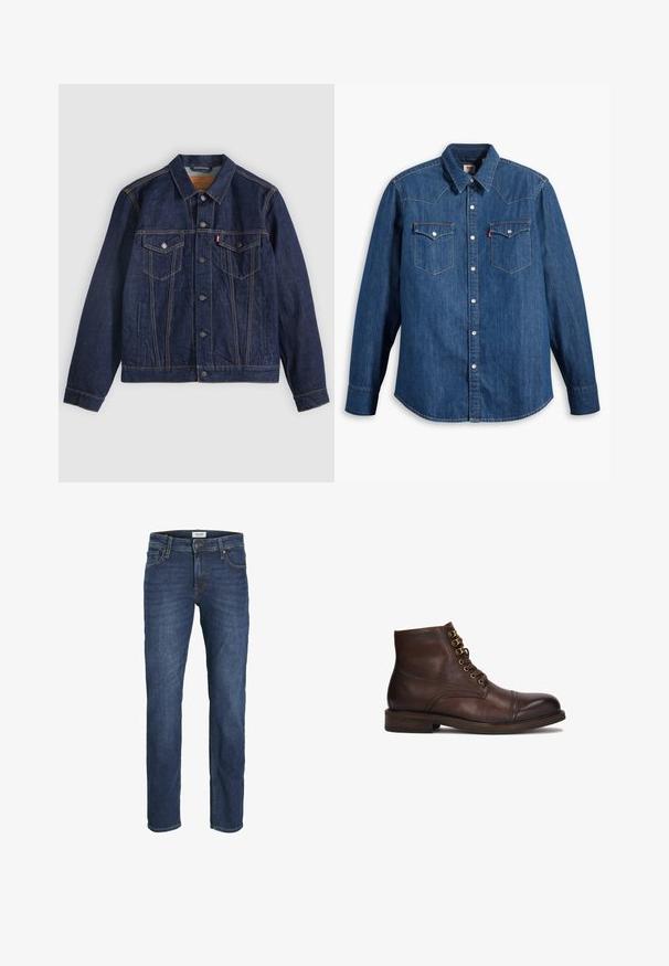 Veste en denim bleu foncé avec col, boutons sur le devant, deux poches poitrine et poches latérales. Couture contrastée et logo en forme d'onglet sur la poche gauche.; Chemise en denim bleu marine à manches longues, col pointu et boutons-pression. Dispose de deux poches poitrine avec rabats et couture contrastante.; Jean en denim bleu foncé avec une coupe droite, design à cinq poches et détails de couture visibles. Fermeture classique par bouton et zip.; Kazar CYMONN - Bottines à lacets - brown