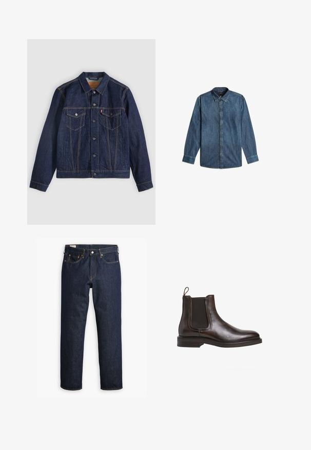 Dunkelblaue Jeansjacke mit Kragen, Knopfleiste, zwei Brusttaschen und Seitentaschen. Kontrastnähte und ein Logoschild auf der linken Tasche.; Denimhemd mit Kragen, langen Ärmeln, sechs Knopfverschluss auf der Vorderseite und einer mittleren blauen Wäsche. Verfügt über Ziernähte an den Schultern.; Dunkelblaue Denim-Jeans mit geradem Schnitt, ausgestattet mit einem Fünf-Taschen-Stil, sichtbaren Nähten und einem klassischen Knopfverschluss.; Braune Leder-Chelsea-Boots mit elastischen Seiteneinsätzen, Schlupfgriff und niedrigem, gestapeltem Absatz. Glatte Textur und schlanke Silhouette.