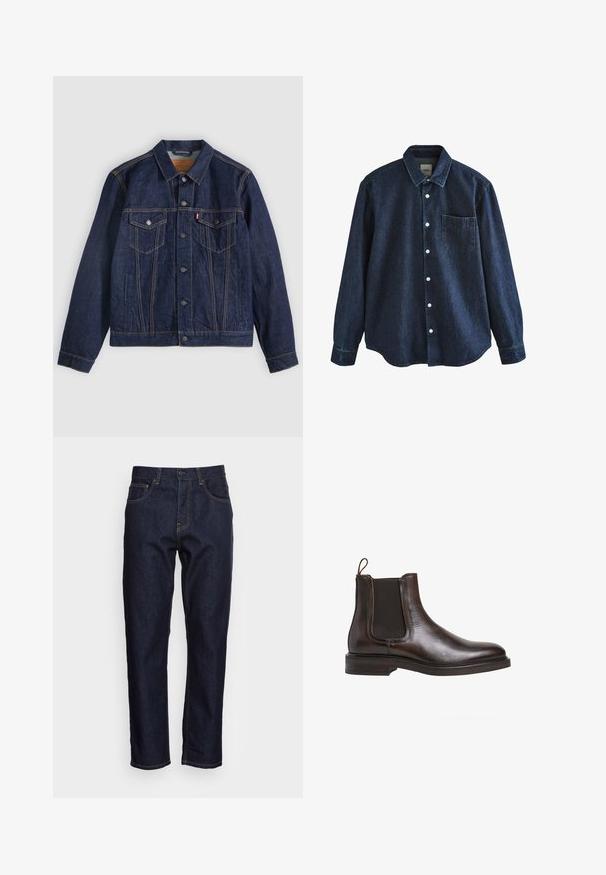 Mørkeblå denimjakke med krave, knaplukning foran, to brystlommer og sidelommer. Kontrastsyninger og fanebladslogo på venstre lomme.; Mørkeblå denim skjorte med lange ærmer, knapper foran, krave og en enkelt brystlomme, vist mod hvid baggrund.; Mørkeblå denimjeans med lige pasform, fem lommer og kontrasterende gul syning. Designet med en klassisk knap- og lynlåslukning.; Brune læder Chelsea støvle med elastiske sidepaneler, løkke til at trække op med, og en lav stablet hæl. Glat tekstur og slank silhuet.