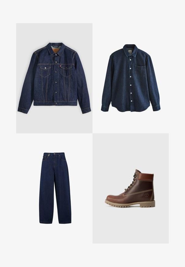 Donkerblauwe spijkerjack met kraag, knoopsluiting aan de voorkant, twee borstzakken en zijzakken. Contrasterende stiksels en logo-tab op de linkerzak.; Donkerblauw denim overhemd met lange mouwen, knopen, kraag en één borstzak, getoond tegen een witte achtergrond.; Losse, donkerblauwe denim jeans met een hoge taille, frontzakken en een recht model. Inclusief zilverkleurige hardware en minimale stiksels.; Bruine leren veterschoen tot de enkel met gevoerde kraag, contrasterende stiksels en een robuuste zool, getoond vanaf de buitenkant op een witte achtergrond.