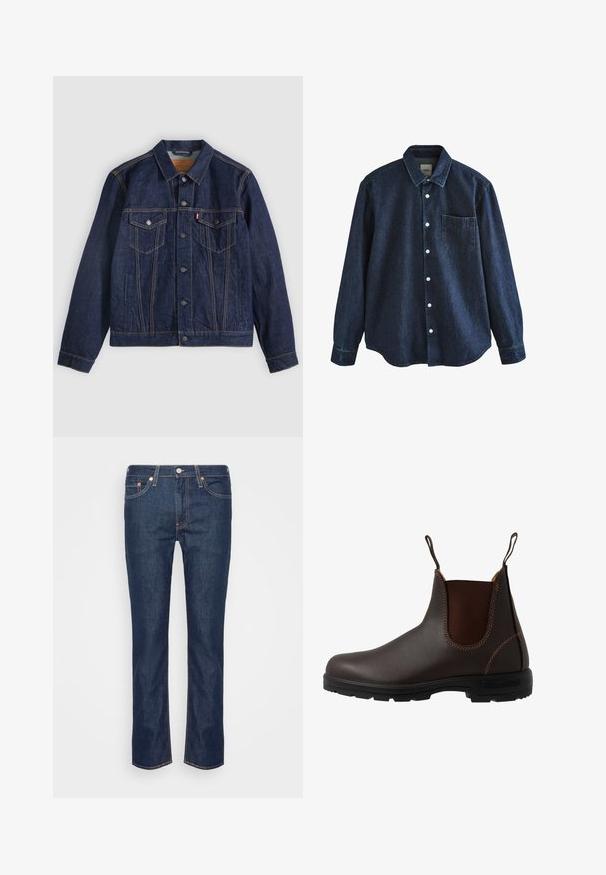 Mørkeblå denimjakke med krave, knaplukning foran, to brystlommer og sidelommer. Kontrastsyninger og fanebladslogo på venstre lomme.; Mørkeblå denim skjorte med lange ærmer, knapper foran, krave og en enkelt brystlomme, vist mod hvid baggrund.; Mørkeblå lige ben denim jeans med orange søm, fem lommer og en frontknap samt lynlås.; Brun læder Chelsea-støvle med elastisk sidepanel, brun syning, trækstropper og en holdbar gummisål med et tekstureret mønster.