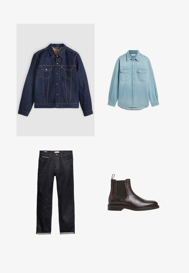 Mørkeblå denimjakke med krave, knaplukning foran, to brystlommer og sidelommer. Kontrastsyninger og fanebladslogo på venstre lomme.; Lyseblå denimskjorte med lange ærmer, to brystlommer med klap, knappet front og spids krave.; Mørkeblå denimjeans med op-rullede manchetter, knap og lynlås foran samt fem-lomme-design.; Brune læder Chelsea støvle med elastiske sidepaneler, løkke til at trække op med, og en lav stablet hæl. Glat tekstur og slank silhuet.
