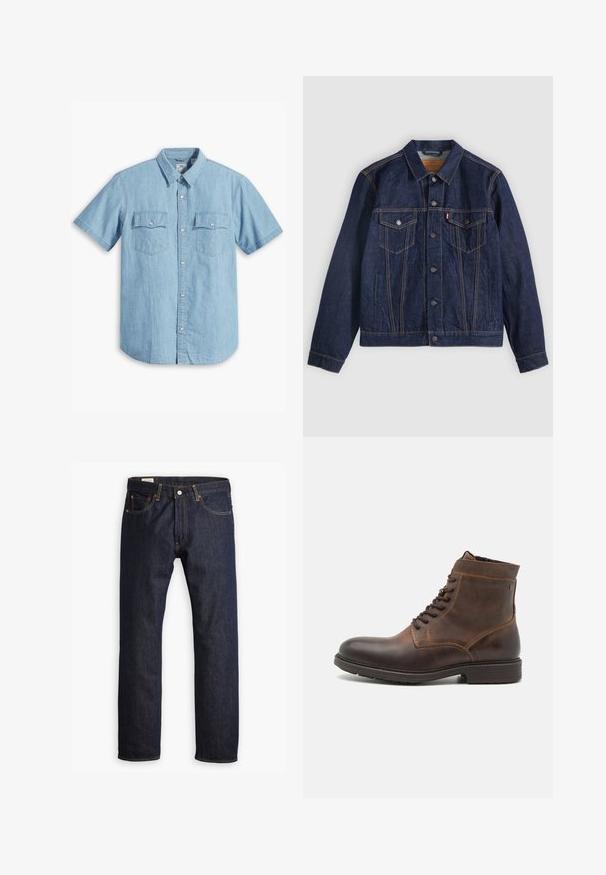 Mørkeblå denimjakke med krave, knaplukning foran, to brystlommer og sidelommer. Kontrastsyninger og fanebladslogo på venstre lomme.; Lyseblå kortærmet skjorte med knaplukning lavet af denim, med to brystlommer med lodret syning og en klassisk krave.; Mørkeblå denimjeans med lige ben, orange syninger og fem lomme-design med metalspænde.; Jack & Jones JFWDELANEY BOOT - Snørestøvletter - cognac