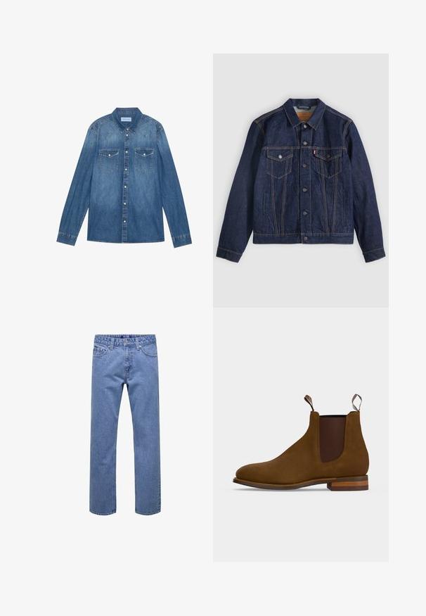 Mørkeblå denimjakke med krave, knaplukning foran, to brystlommer og sidelommer. Kontrastsyninger og fanebladslogo på venstre lomme.; Mørkeblå denimskjorte med lange ærmer, klassisk krave, knaplukning fortil, to brystlommer og kontrasterende stiklinger på sømmene.; Blå denimjeans med lige ben, forrest med knap og lynlås, bæltestropper samt lommer foran og bagpå.; Brun ruskind Chelsea-støvle med elastiske sidepaneler, trækflapper foran og bagpå samt en lagdelt træhæl.