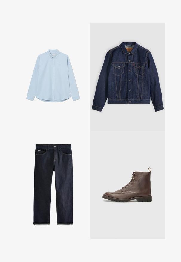 Mørkeblå denimjakke med krave, knaplukning foran, to brystlommer og sidelommer. Kontrastsyninger og fanebladslogo på venstre lomme.; Lyseblå langærmet skjorte med knaplukning, spids krave, enkelt brystlogo og afrundet nederkant. Fremstillet af glat stof med en ensartet tekstur.; Mørkeblå denimjeans med en klassisk lige pasform, der har fem lommer, knaplukning og op rullede manchetter, som viser en lys blå foring.; Hackett London SLOANE APRON - Snørestøvletter - dark mocca brown