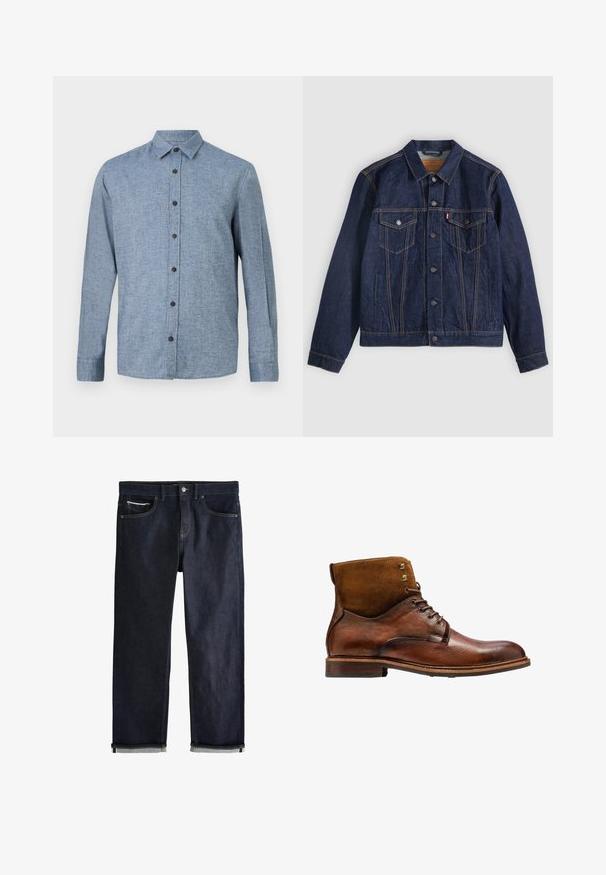 Mørkeblå denimjakke med krave, knaplukning foran, to brystlommer og sidelommer. Kontrastsyninger og fanebladslogo på venstre lomme.; Langærmet button-up skjorte i lyseblåt stof med tekstureret væv, med krave og seks mørkeblå knapper ned ad fronten.; Mørkeblå denimjeans med opsmøgede manchetter, knap- og lynlåslukning, for- og møntlommer samt kontrastsyning på hvid baggrund.; Kazar ALID - Snørestøvletter - brown