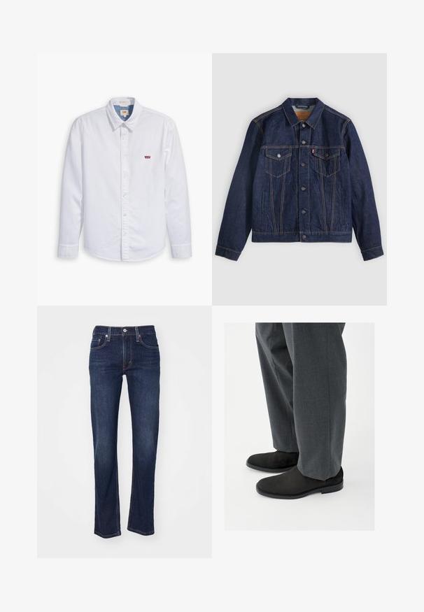 Dunkelblaue Jeansjacke mit Kragen, Knopfleiste, zwei Brusttaschen und Seitentaschen. Kontrastnähte und ein Logoschild auf der linken Tasche.; Weißes, langärmliges Hemd mit Knopfverschluss aus Baumwolle. Verfügt über einen spitzen Kragen und ein kleines rotes Levi's-Logo auf der linken Brust. Glatte Textur.; Dunkelblaue Jeans aus Denim mit geradem Bein, ausgestattet mit einem klassischen Fünf-Taschen-Design und genähten Details an den Nähten.; Schwarze Stiefeletten aus Wildleder mit glatter Textur, rundem Zehenbereich und niedrigem Absatz, kombiniert mit maßgeschneiderten grauen Hosen mit einem dezenten Muster.