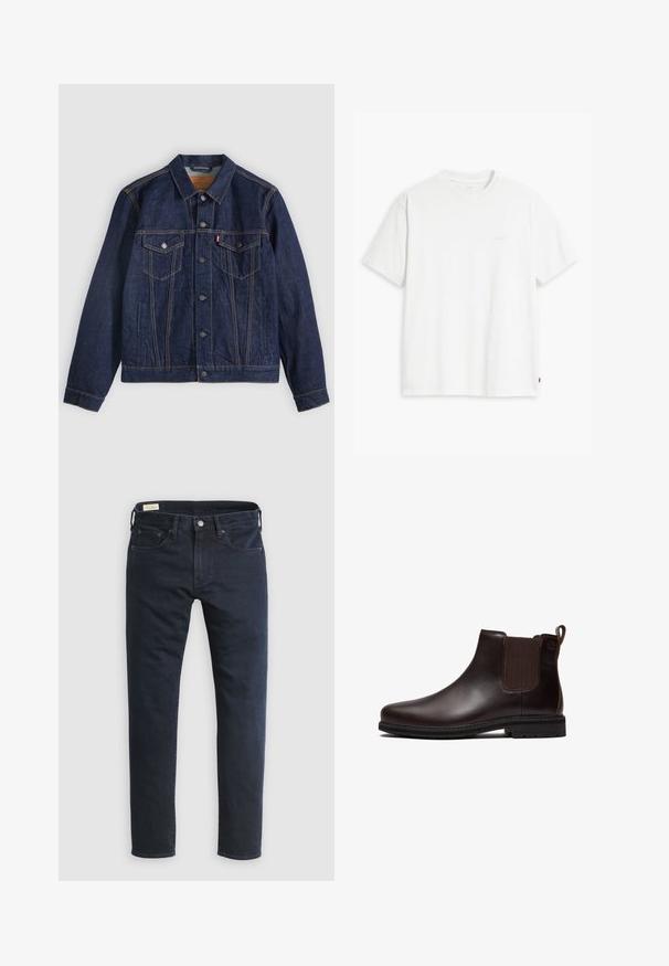 Veste en denim bleu foncé avec col, boutons sur le devant, deux poches poitrine et poches latérales. Couture contrastée et logo en forme d'onglet sur la poche gauche.; T-shirt en coton blanc à manches courtes, col rond, avec un logo "Levi's" discret imprimé en couleur claire sur le devant.; Jean en denim bleu foncé avec une coupe droite, design à cinq poches, fermeture à boutons à l'avant et détails de couture minimaux.; Bottine Chelsea en cuir marron foncé avec panneau latéral élastique, languette au talon et semelle en caoutchouc noire, vue de profil.