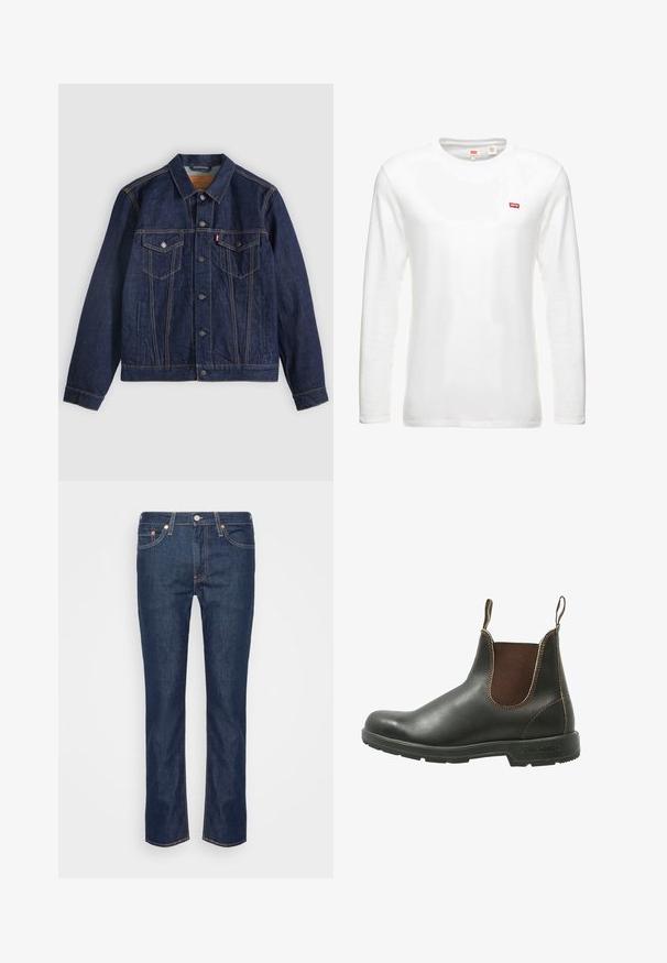 Mørkeblå denimjakke med krave, knaplukning foran, to brystlommer og sidelommer. Kontrastsyninger og fanebladslogo på venstre lomme.; Hvid langærmet t-shirt lavet af bomuld, med en rund halsudskæring og et lille rødt Levi's logo på brystet. Enkel, klassisk design.; Mørkeblå lige ben denim jeans med orange søm, fem lommer og en frontknap samt lynlås.; Chelsea støvle lavet af glat sort læder med brune elastiske sidepaneler, kontrastsyet, og en struktureret gummisål.