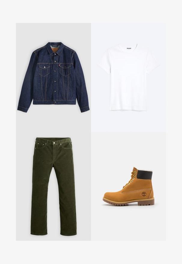 Dunkelblaue Jeansjacke mit Kragen, Knopfleiste, zwei Brusttaschen und Seitentaschen. Kontrastnähte und ein Logoschild auf der linken Tasche.; Schlichtes weißes T-Shirt mit kurzen Ärmeln und Rundhalsausschnitt mit gut sichtbarem WEEKDAY-Label am Kragen, dargestellt auf hellem Hintergrund.; Olivgrüne Kordhosen mit geradem Schnitt, vorderem Knopf, Reißverschluss, Gürtelschlaufen und fünf Taschen auf einem weißen Hintergrund.; Braune Leder-Ankle-Boots mit Metallösen, weißem Kunstfellfutter, schwarzem gepolstertem Kragen, robustem Sohlenprofil und geprägtem Logo an der Seite.