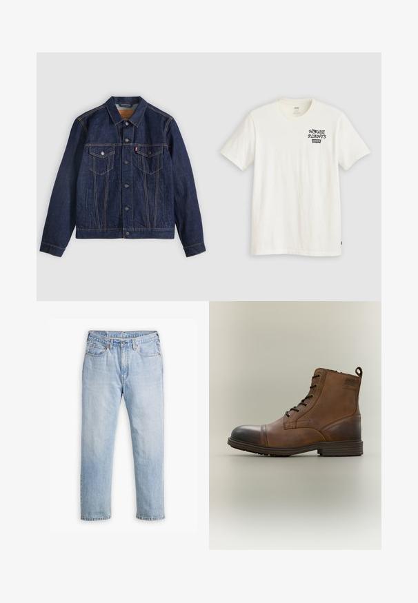 Mørkeblå denimjakke med krave, knaplukning foran, to brystlommer og sidelommer. Kontrastsyninger og fanebladslogo på venstre lomme.; Hvid bomulds t-shirt med korte ærmer, der har sort tekst "HOUSE PLANTS" og "Levi's" logoet på venstre brystområde. Klassisk crew neck design.; Lysblå denimjeans med lige bendesign, fem lomme stil og kontrastsyet. Knap- og lynlåslukning i taljen.; Brun læderstøvle med snørebånd, sort tåhætte, rund sål og mærket detalje på siden mod ensfarvet baggrund.