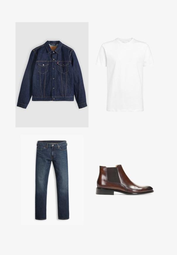 Dunkelblaue Jeansjacke mit Kragen, Knopfleiste, zwei Brusttaschen und Seitentaschen. Kontrastnähte und ein Logoschild auf der linken Tasche.; Weißes kurzärmeliges T-Shirt aus Baumwolle mit rundem Ausschnitt und normaler Passform. Schlichtes Design, keine Muster oder sichtbaren Akzente.; Dunkelblaue Herren-Jeans mit geradem Bein, fünf Taschen und Knopfverschluss, flach auf weißem Hintergrund gezeigt.; Braune Leder-Stiefelette mit elastischen Seiteneinsätzen, glatter Oberfläche, genähten Details und einem niedrigen rechteckigen Absatz.