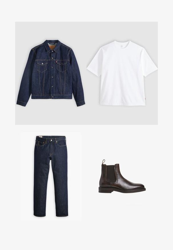 Chaqueta de mezclilla azul oscuro con cuello, botones en la parte delantera, dos bolsillos en el pecho y bolsillos laterales. Costuras en contraste y etiqueta con logotipo en el bolsillo izquierdo.; Camiseta blanca de manga corta hecha de algodón, con cuello redondo y corte recto. Etiqueta visible en el dobladillo lateral inferior.; Jeans de denim azul oscuro con corte recto, que cuentan con un estilo de cinco bolsillos, costuras visibles y una clásica bragueta de botones.; Botín Chelsea de cuero marrón con paneles laterales elásticos, tirador en bucle y un tacón bajo apilado. Textura suave y silueta elegante.