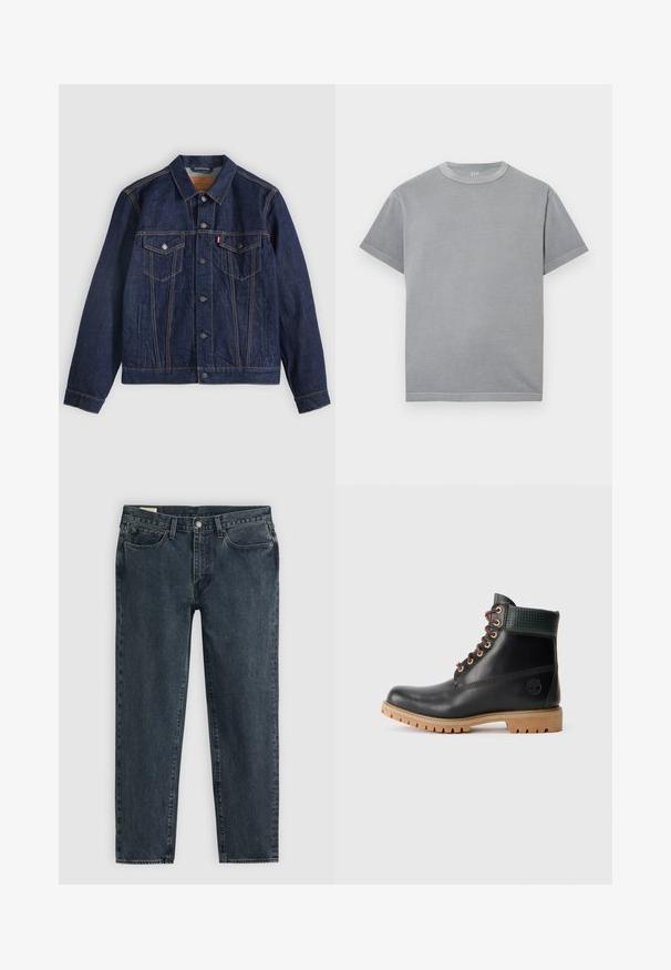 Dunkelblaue Jeansjacke mit Kragen, Knopfleiste, zwei Brusttaschen und Seitentaschen. Kontrastnähte und ein Logoschild auf der linken Tasche.; Schlichtes graues T-Shirt mit kurzen Ärmeln und Rundhalsausschnitt, sichtbaren Nähten und einem kleinen GAP-Logo im Kragen.; Dunkelblaue Denim-Jeans mit geradem Bein, fünf Taschen und einem Knopfverschluss. Subtile Ausbleichungen verleihen dem Stoff Textur.; Schwarze Leder Stiefelette mit braunen Schnürsenkeln, gepolstertem grünen Kragen und beigefarbenem Gummisohle mit tiefen Profilen, seitliche Ansicht auf weißem Hintergrund.