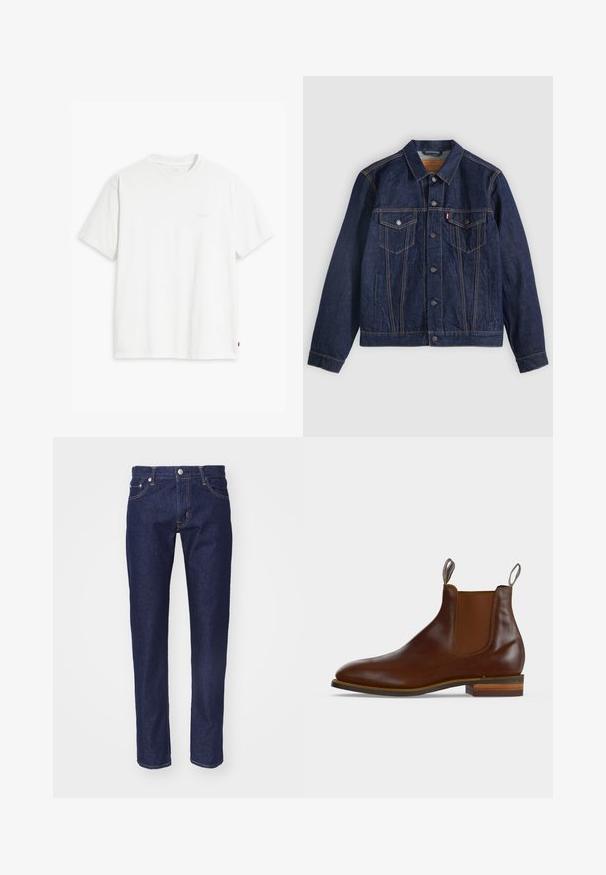 Veste en denim bleu foncé avec col, boutons sur le devant, deux poches poitrine et poches latérales. Couture contrastée et logo en forme d'onglet sur la poche gauche.; T-shirt en coton blanc à manches courtes, col rond, avec un logo "Levi's" discret imprimé en couleur claire sur le devant.; Jean en denim bleu marine avec une coupe droite, une conception à cinq poches, des coutures orange contrastées et une fermeture à bouton en métal argenté à la taille.; Bottine Chelsea en cuir marron avec panneaux latéraux élastiques, languettes à l'avant et à l'arrière, et talon en bois superposé.