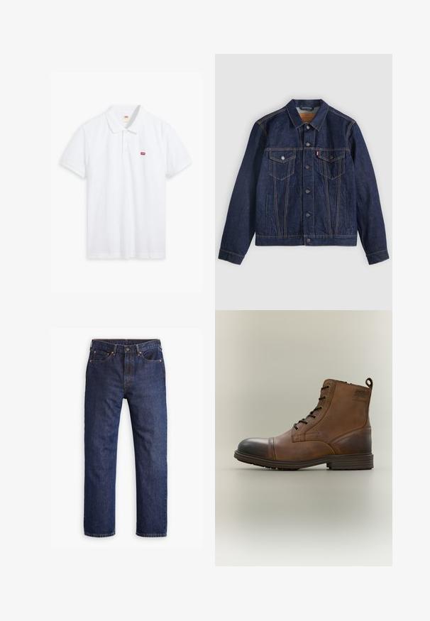 Dark blue denim jacket with a collar, button front, two chest pockets, and side pockets. Contrast stitching and tab logo on the left pocket.; White polo shirt made of cotton. Features a three-button placket, short sleeves, and a small red Levi's logo on the left chest.; Dark blue straight-leg denim jeans with front button, zipper fly, five pockets, and copper rivet details.; Brown leather lace-up ankle boot with black toe cap, round sole, and branded detail on the side against plain background.