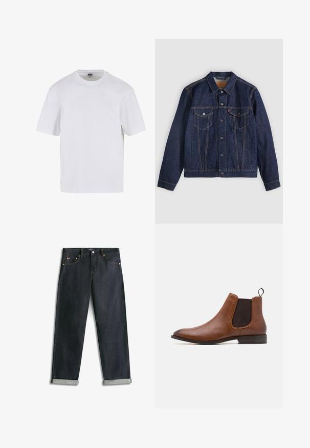 Veste en denim bleu foncé avec col, boutons sur le devant, deux poches poitrine et poches latérales. Couture contrastée et logo en forme d'onglet sur la poche gauche.; T-shirt blanc à manches courtes en coton. Il présente un col rond et une coupe décontractée. Texture lisse, design minimaliste, sans motifs ni accents.; Jean en denim bleu foncé avec revers roulés, cinq poches et coutures contrastées, posé à plat sur un fond blanc.; Zign by Zalando LEATHER - Bottines - cognac