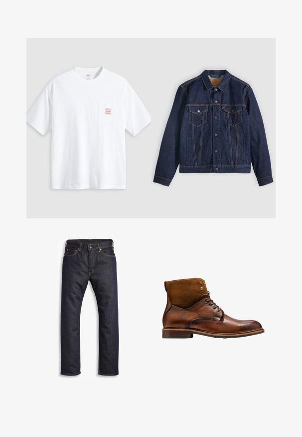 Donkerblauwe spijkerjack met kraag, knoopsluiting aan de voorkant, twee borstzakken en zijzakken. Contrasterende stiksels en logo-tab op de linkerzak.; Witte T-shirt met korte mouwen en ronde hals, met een klein borstzakje aan de voorkant met een beige en rood rechthoekig label.; Donkerblauwe denim jeans met rechte snit, vijf zakken, metalen hardware en contrasterende oranje stiksels. Glad oppervlak, geen zichtbare patronen.; Kazar ALID - Veterboots - brown