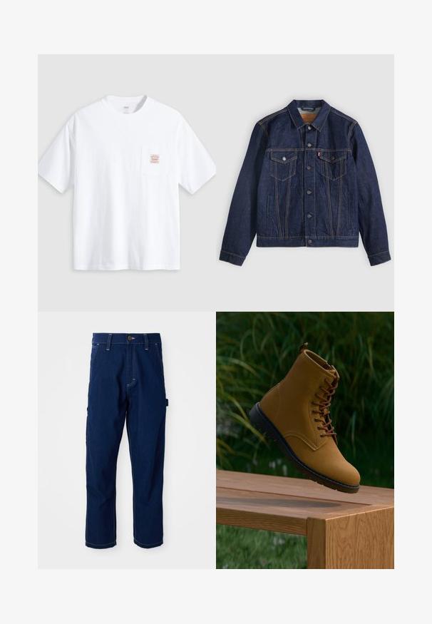 Dunkelblaue Jeansjacke mit Kragen, Knopfleiste, zwei Brusttaschen und Seitentaschen. Kontrastnähte und ein Logoschild auf der linken Tasche.; Weißes T-Shirt mit kurzen Ärmeln und Rundhalsausschnitt sowie einer kleinen Brusttasche vorne mit einem beige-roten rechteckigen Label.; Dunkelblaue gerade geschnittene Jeans-Arbeitshosen mit weißen Nähten, Gürtelschlaufen, Fronttaschen und einer seitlichen Utility-Schlaufe auf weißem Hintergrund.; Braune Wildleder-Ankle-Boots mit braunen Schnürsenkeln, einer schwarzen Gummisohle und einer glatten Oberfläche, auf einer Holzfläche vor grüner Pflanzenkulisse präsentiert.