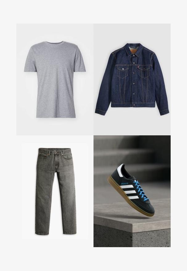Donkerblauwe spijkerjack met kraag, knoopsluiting aan de voorkant, twee borstzakken en zijzakken. Contrasterende stiksels en logo-tab op de linkerzak.; Grijze, korte mouwen t-shirt gemaakt van een katoenmix, met een klassieke ronde halslijn en een gladde, zachte textuur.; Grijze denim jeans met een recht model, klassieke vijf-pocket styling en subtiele stiksels op de naden en zakken.; Zwarte Adidas-sneaker met witte strepen, blauwe veters en een gumzool die boven een grijze betonnen trede zweeft in zacht licht.