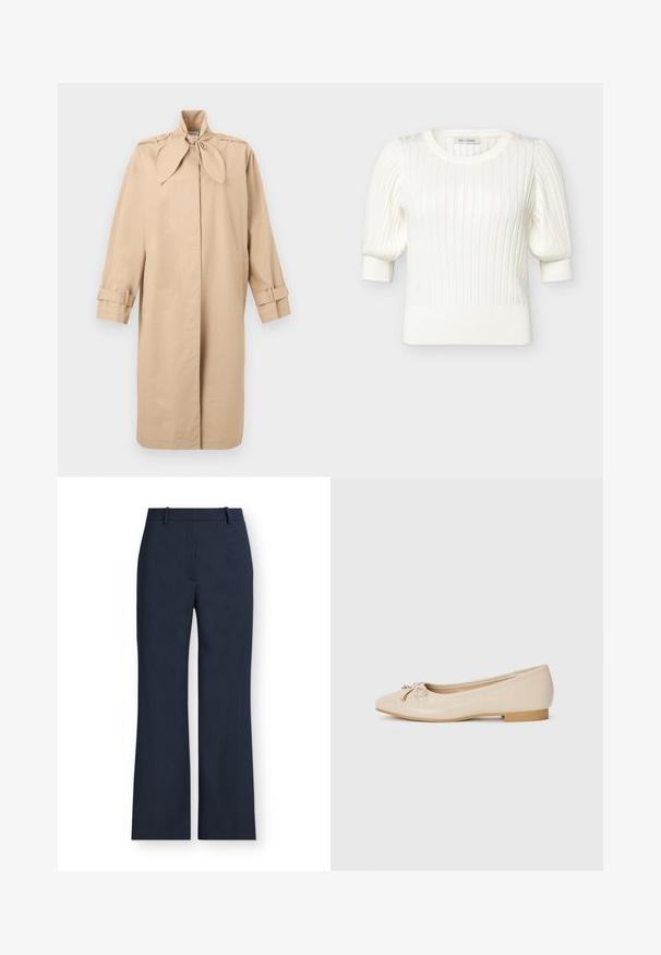 Beige lang trenchcoat med høj krave med bindebånd, knapbesatte skulderstropper og justerbare spænder på ærmerne.; Hvid ribstrikket kort puffærmet sweater med rund halsudskæring og tætsiddende manchetter fra Rue de Femme.; Mørkeblå bukser med lodrette striber, lige ben, med bæltestropper og frontåbning med lynlås.; Beige balletflader lavet af glat syntetisk materiale. Har en lille blokhæl og en knyttet detalje med gyldne accenter på tåen.