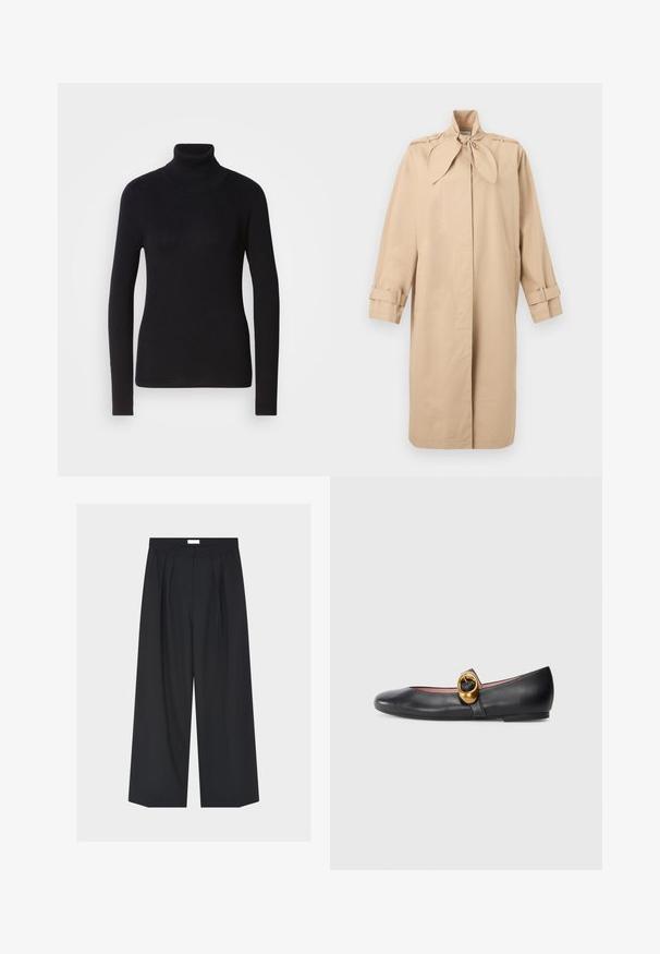 Beige lang trenchcoat med høj krave med bindebånd, knapbesatte skulderstropper og justerbare spænder på ærmerne.; Sort ribbet rullekravesweater med lange ærmer. Fremstillet af strikmateriale med en tætsiddende design. Glat tekstur og høj halsdetalje.; Sort vidde bukser med forreste folder, bæltestropper og sidelommer på en ensfarvet lys baggrund.; Sort læder balletflade med rund tå, prydet med en gylden cirkulær detalje på en rem. Glat tekstur; lav, flad sål.