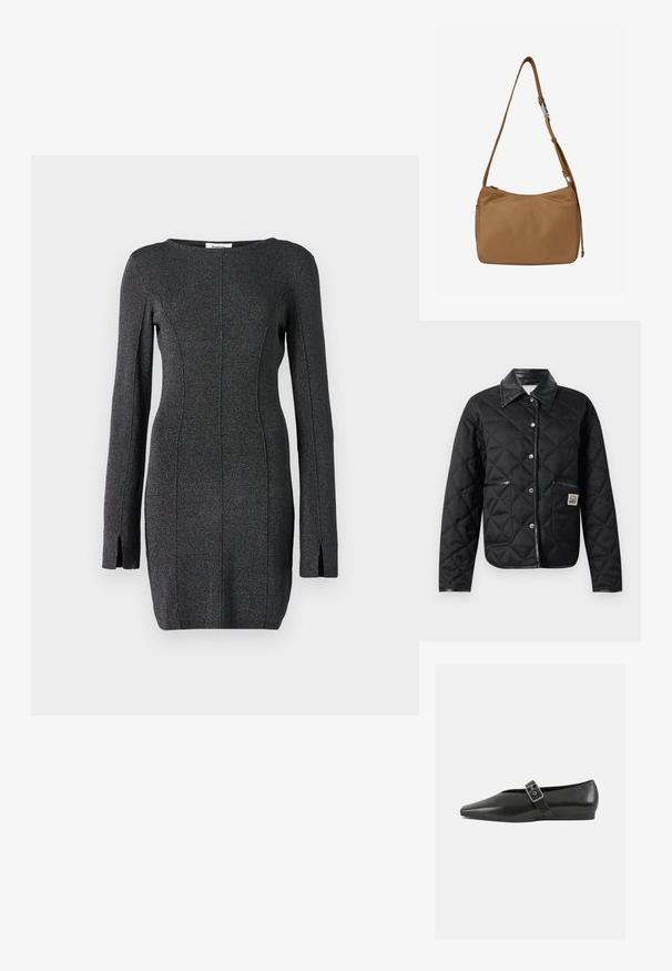 Replay JACKET - Veste mi-saison - black; Robe tricotée noire à manches longues, avec des fentes latérales, un col rond et des coutures pour un silhouette cintrée.; Chaussure plate en cuir noir avec un orteil pointu, présentant une sangle à boucle métallique sur le cou-de-pied et une semelle basse et flexible.; Sac à main en cuir fauve avec une texture lisse, une bandoulière réglable et une fermeture éclair sur le dessus. Présente un design minimaliste avec des coutures discrètes.