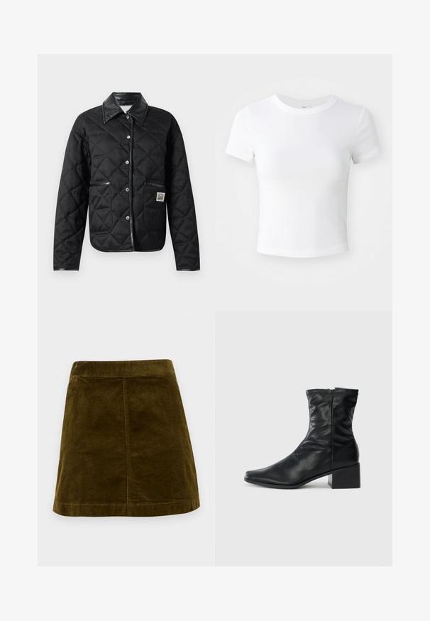 Replay JACKET - Overgangsjakke - black; Simpel hvid kortærmet cropped t-shirt med rund halsudskæring, præsenteret på en neutral lys baggrund.; Brun kordfløjl mini skirt med lodrette ribber, lige snit og en ren kant. Har en simpel talje uden udsmykninger.; Sort læderstøvle til midten af læggen med firkantet tå, lynlås på siden og blokhæl på en ensfarvet hvid baggrund.