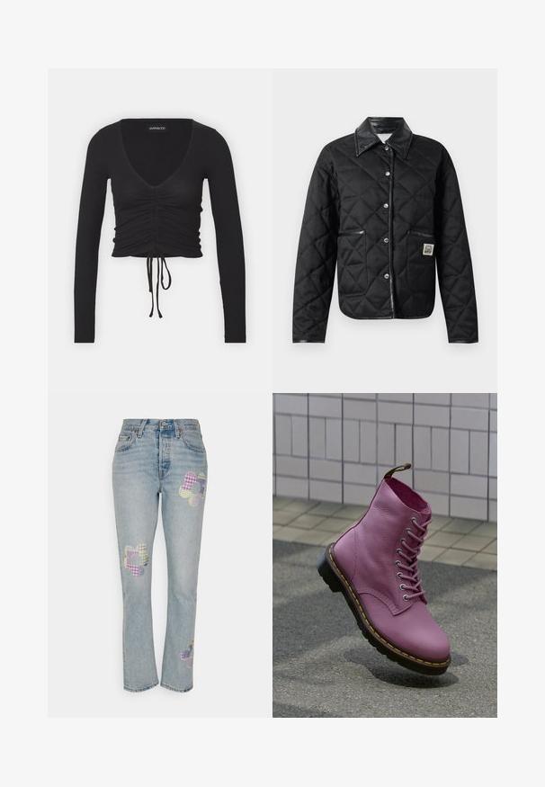 Replay JACKET - Chaqueta de entretiempo - black; Top corto de manga larga negro acanalado con un profundo escote en V, detalles fruncidos en la parte delantera y lazo ajustable en el dobladillo.; Vaqueros azul claro con corte recto, que presentan tres diseños de flores patchwork multicolores en el frontal.; Bota morada de cuero con cordones, suela negra y costuras amarillas, colocada verticalmente sobre un asfalto texturizado cerca de una acera con baldosas.