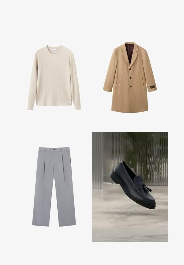 Manteau beige en mélange de laine avec revers crantés, trois boutons noirs, deux poches avant, et une doublure intérieure marron. Étiquette de la marque sur la manche.; Pull beige côtelé à manches longues et col rond. Fabriqué dans un matériau doux, il présente une coupe décontractée et des détails minimaux.; Pantalons plissés gris à coupe décontractée, en tissu léger. Comprend des poches avant et une fermeture à bouton à la taille.; Mocassins en cuir noir avec une texture lisse, un bout arrondi et des pampilles décoratives à l'avant. Semelle en caoutchouc flexible avec un petit talon.