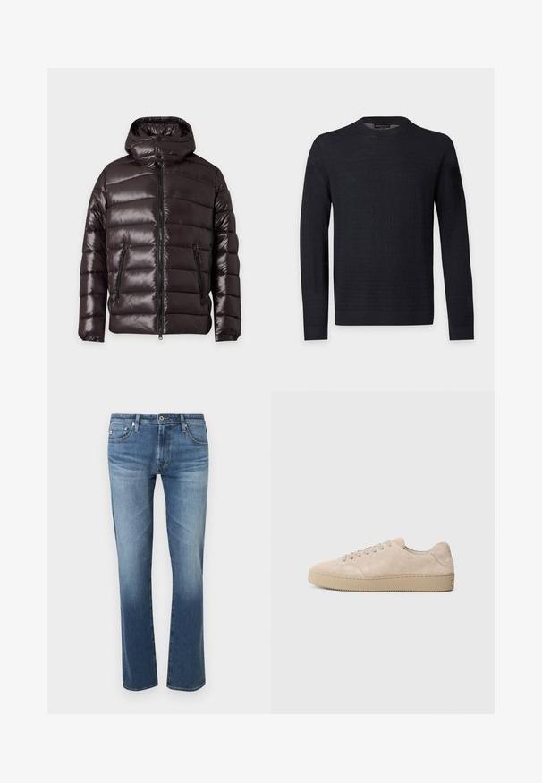 Veste d'hiver noire brillante matelassée avec fermeture éclair devant, deux poches zippées, un col montant et une capuche attachée.; Pull noir à manches longues avec col rond, motif texturé subtil, poignets et ourlet côtelés, présenté sur un fond uni gris clair.; Jean bleu délavé pour homme, coupe droite, avec fermeture à boutons et zip à l'avant, poches avant et arrière, présenté sur fond blanc.; Baskets en daim beige avec un bout rond, des lacets plats et une semelle en caoutchouc texturé. Design minimaliste avec des bords lisses et des coutures discrètes.